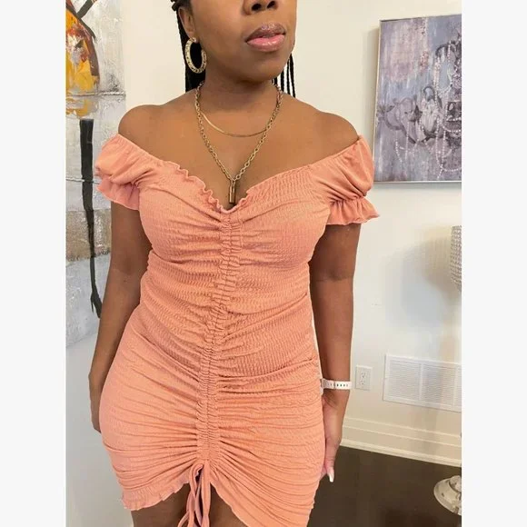 (NWT) Smocked Ruched Dress (Midi or Mini) - Salmon - Picture 4 of 7